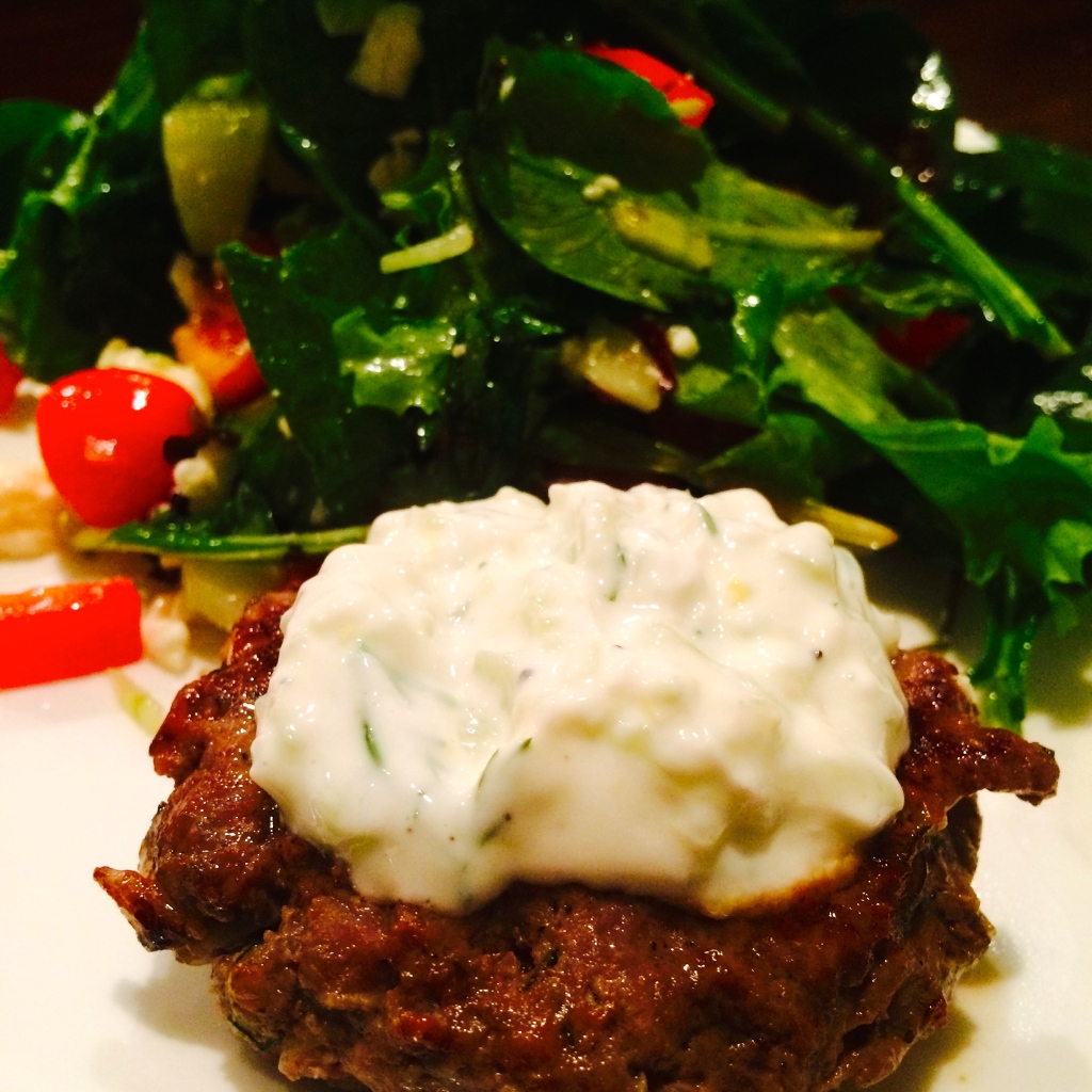 Lamb burger Greek salad