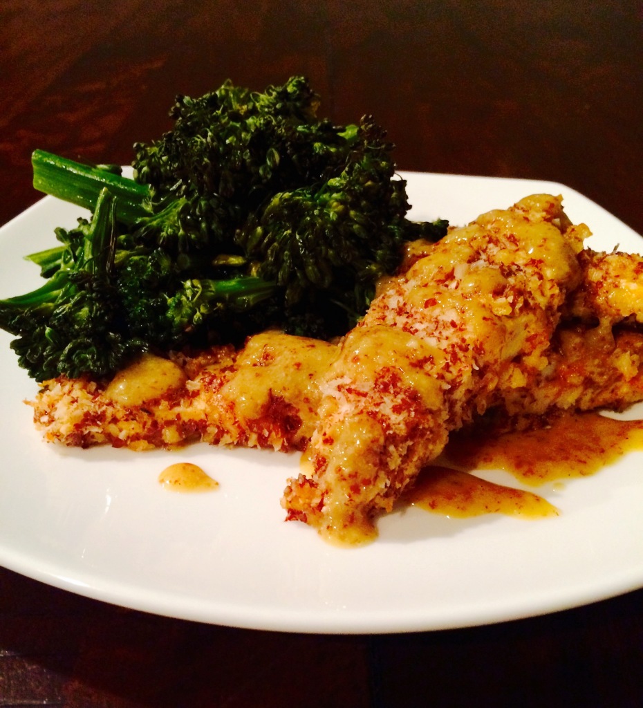 chicken strips and broccolini with sauce