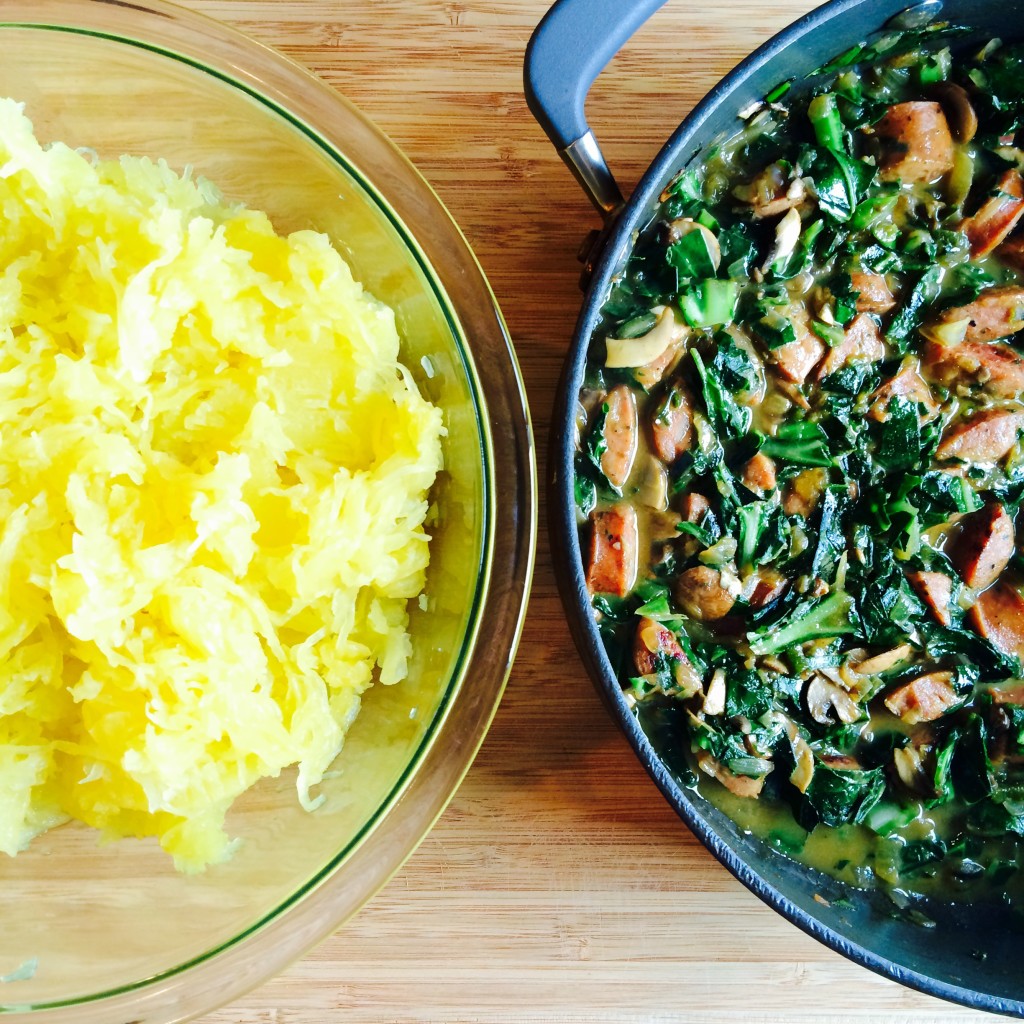 spaghetti squash with chard + sausage