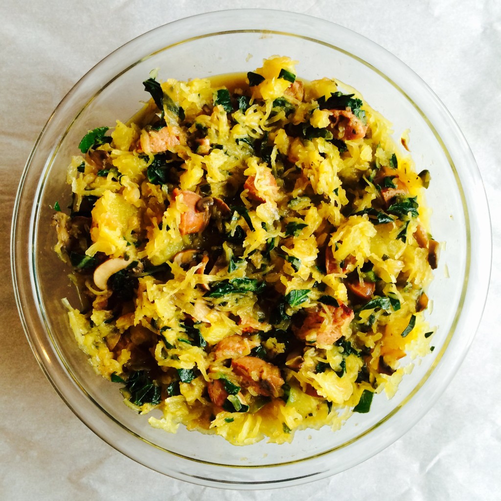 spaghetti squash with chard + sausage