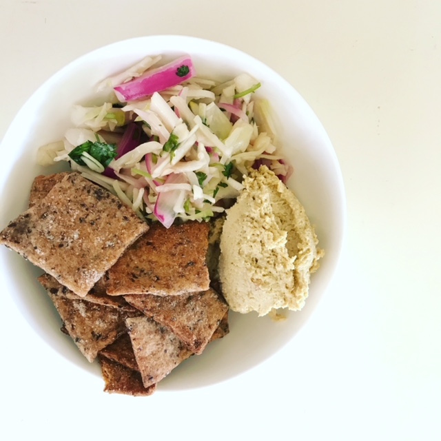 Homemade Crackers with Hummus and Cabbage