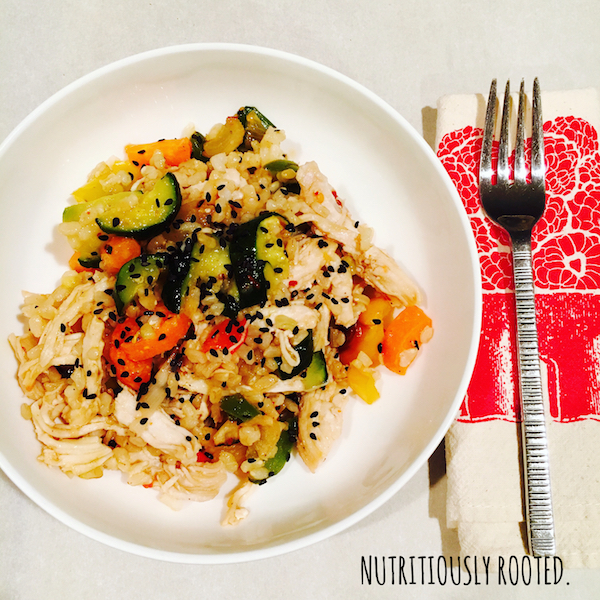 Asian Chicken + Vegetable Brown Rice Bowls with Sweet Chili Sesame Sauce