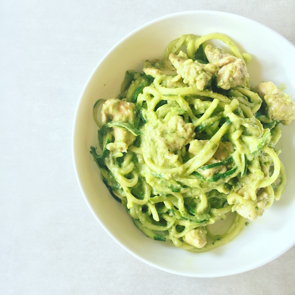 Zucchini Noodles with Avocado Pesto and Chicken