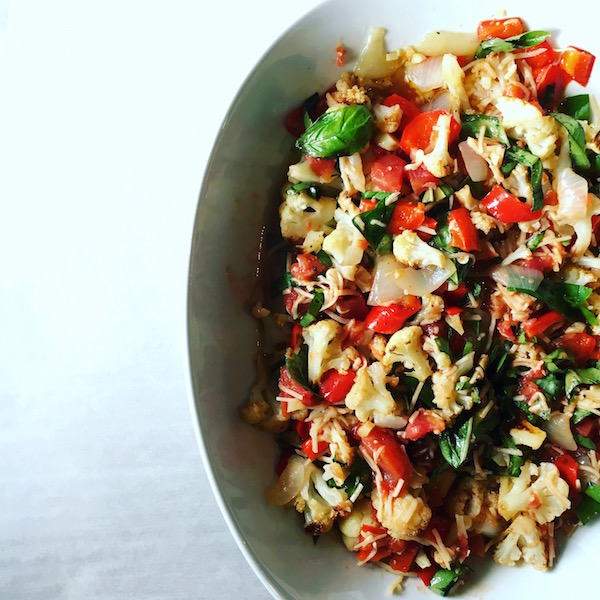 Cheesy Cauliflower Tomato Basil Bake