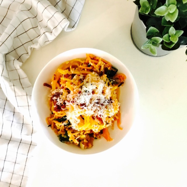 Cheesy Butternut Squash Noodles with Bacon, Spinach and Mushrooms
